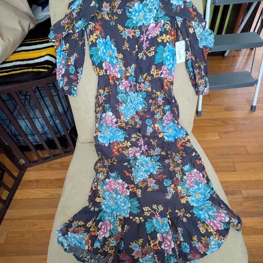 Blue and Pink Cold Shoulder Flutter Sleeve Sundress